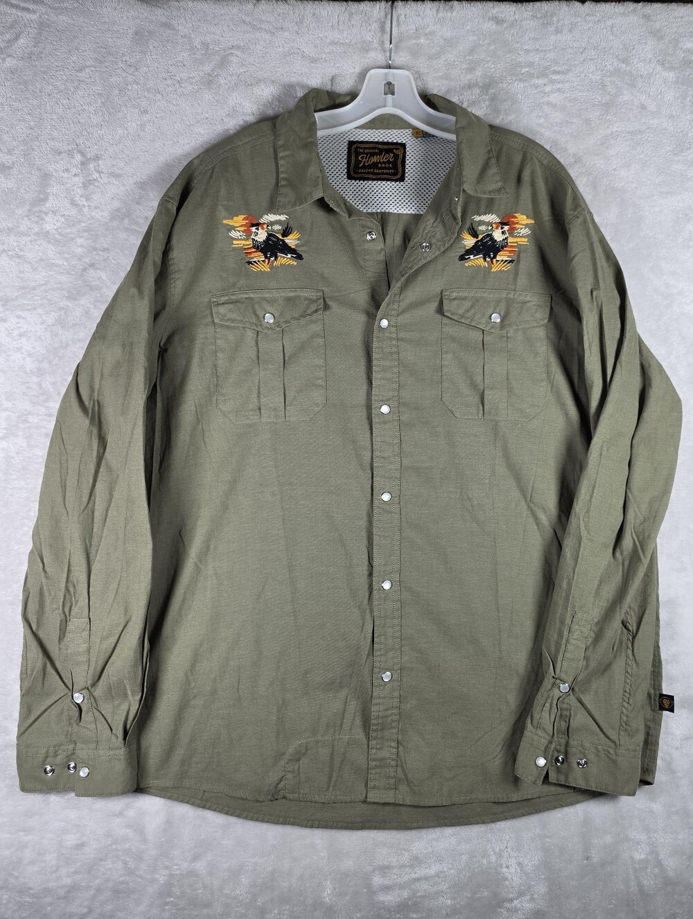 Howler Brothers Gaucho Pearl Snap Caracaras Hawk Bird Mens Extra Large Green